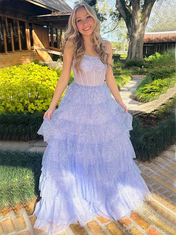 Elegant Spaghetti Strap Sleeveless Ruffles A-line Sequin Long Prom Dresses For Party, PG234