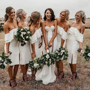 Sexy Off-shoulder Sleeveless Mermaid White Bridesmaid Dresses With Slit For Wedding Party, PGB106