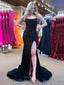 Sexy Spaghetti Strap Sleeveless Black Mermaid Long Prom Dresses With Front Slit For Party, PG182