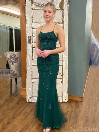 Sexy Spaghetti Strap Sleeveless Mermaid Lace Long Prom Dresses For Party, PG267