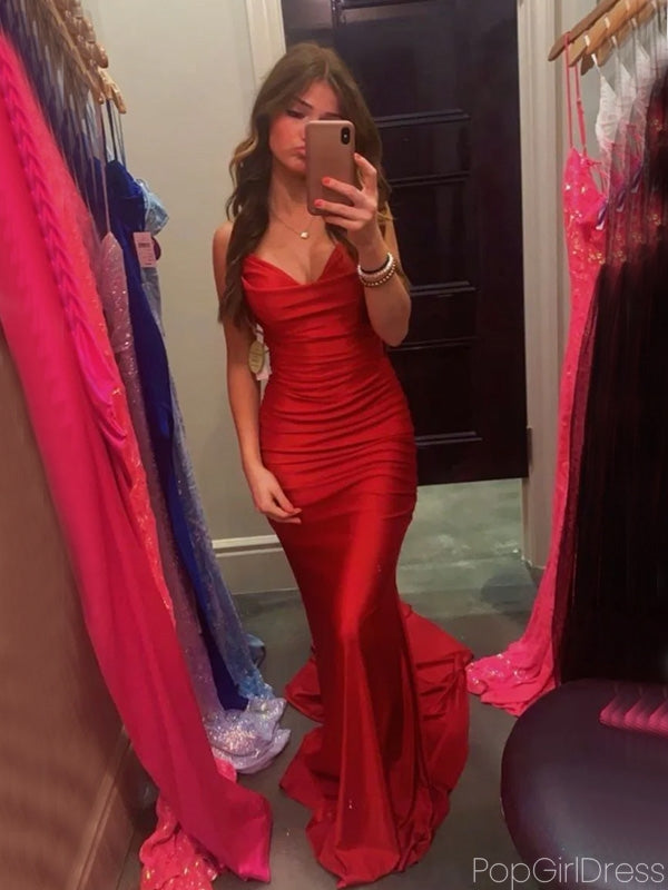 Sexy Spaghetti Strap V-neck Sleeveless Mermaid Satin Long Prom Dresses With Trailing For Party, PG307