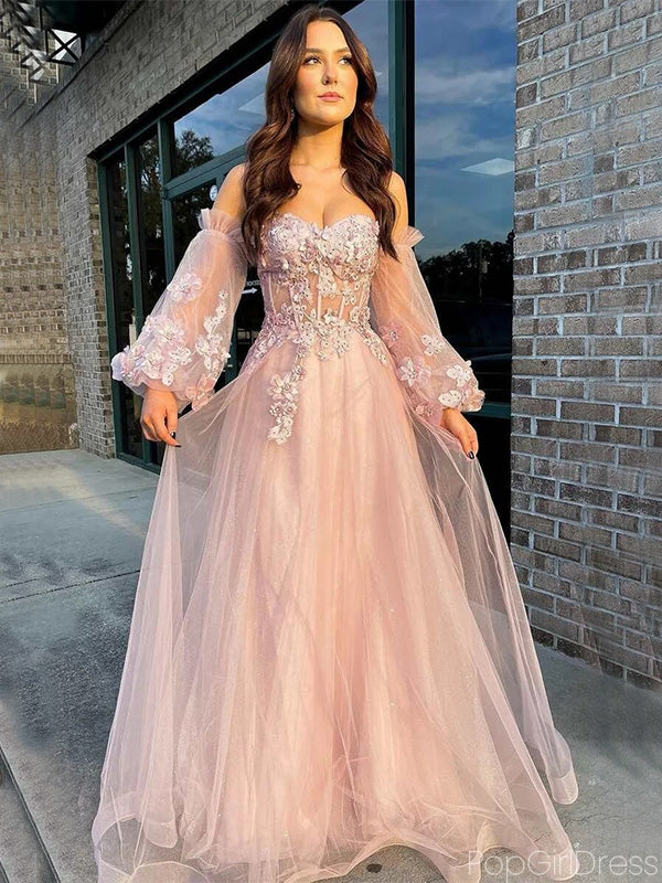 Unique Off-shoulder Full Sleeve A-line Tulle Long Prom Dresses For Party, PG275