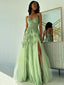 Gorgeous Spaghetti Strap V-neck Sleeveless A-line Long Prom Dresses With Slit For Party, PG207