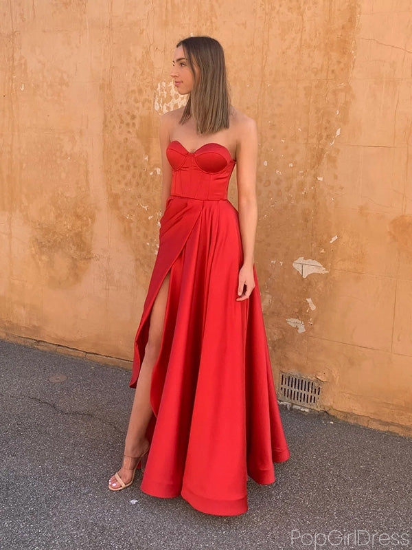 Sexy Sweetheart Sleeveless A-line Satin Long Prom Dresses With Slit For Party, PG304