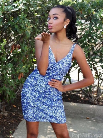 Shiny V-neck Sleeveless Mermaid Sequin Short Homecoming Dresses For Party, PGH364