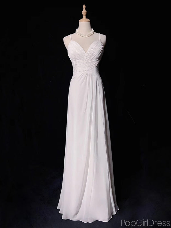 Simple Spaghetti Strap Sleeveless A-line Chiffon White Long Prom Dresses For Party, PG280