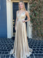 Elegant Spaghetti Strap V-neck Sleeveless A-line Satin Long Prom Dresses For Party, PG256