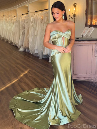 Sexy Spaghetti Strap Sleeveless Mermaid Satin Long Prom Dresses With Trailing For Party, PG216