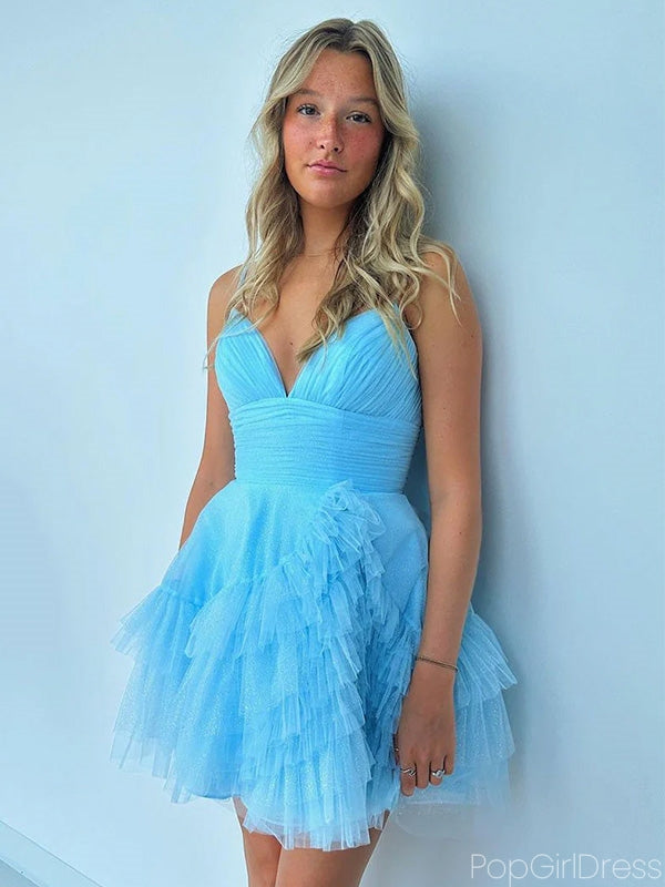 Simple Spaghetti Strap V-neck Sleeveless Short Tulle A-line Homecoming Dresses For Party, PGH188