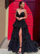 Elegant Spaghetti Strap V-neck Sleeveless A-line Black Tulle Long Prom Dresses For Party, PG276