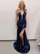 Sexy V-neck Halter Sleeveless Mermaid Long Prom Dresses With Slit For Party, PG208