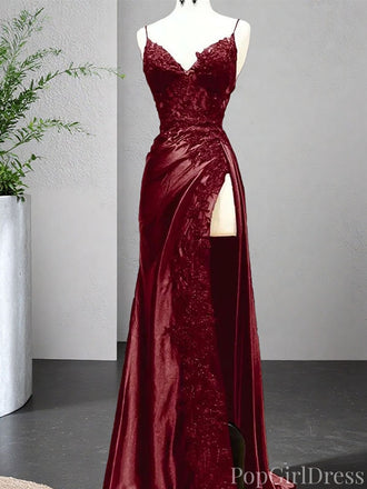 Gorgeous Red Spaghetti Strap Mermaid Side Slit Long Prom Dress Ideas, Evening Party Dresses , PG1035