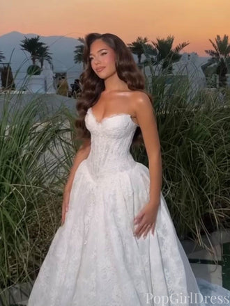 Sexy White Sweetheart Sleeveless A-Line  Lace Long Wedding Dresses With Sweep Trailing,PGW25