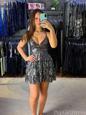 Shiny Spaghetti Strap Sleeveless A-line Sequin Short  Homecoming Dresses For Party, PGH494