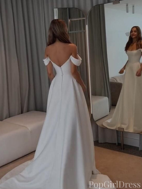 Elegant White Off-Shoulder A-Line Long Wedding Dresses With Sweep Trailing,PGW29