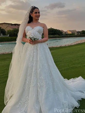 Elegant White Sweetheart Sleeveless A-Line Long Wedding Dresses With Sweep Trailing,PGW27