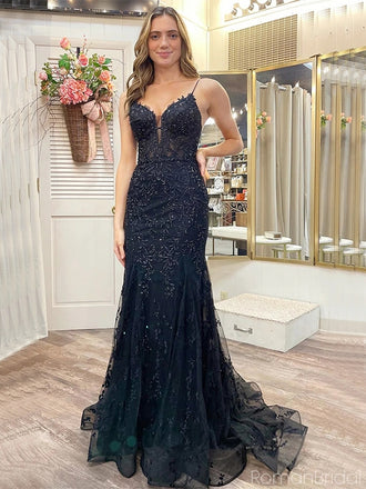 Sexy Spaghetti Strap Sleeveless Black Tulle Mermaid Long Prom Dresses With Trailing For Party, PG248